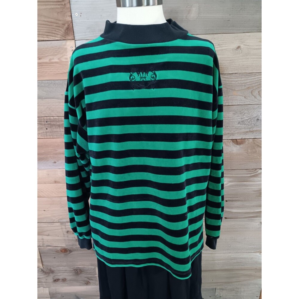 Vintage Allen Solly Striped Mock Neck Long-Sleeve Shirt Sz. M Embroidered Crest